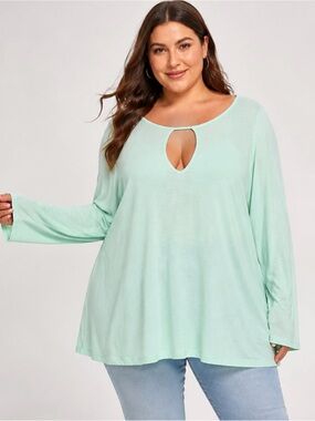 Boutique XL MINT GREEN Keyhole Cold Shoulder Knit Long Sleeve Tee Shirt Top